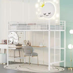 Lit mezzanine une place avec long bureau et grille métallique, Lit mezzanine haut en métal avec barrières de sécurité et échelles pour adolescents et adultes