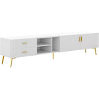 Acekool Modern TV Stand with 4 Hidden Storage Spaces, 3 Open Shelves & 2 Drawers, Supports TVs up to 77, White with Champagne Legs