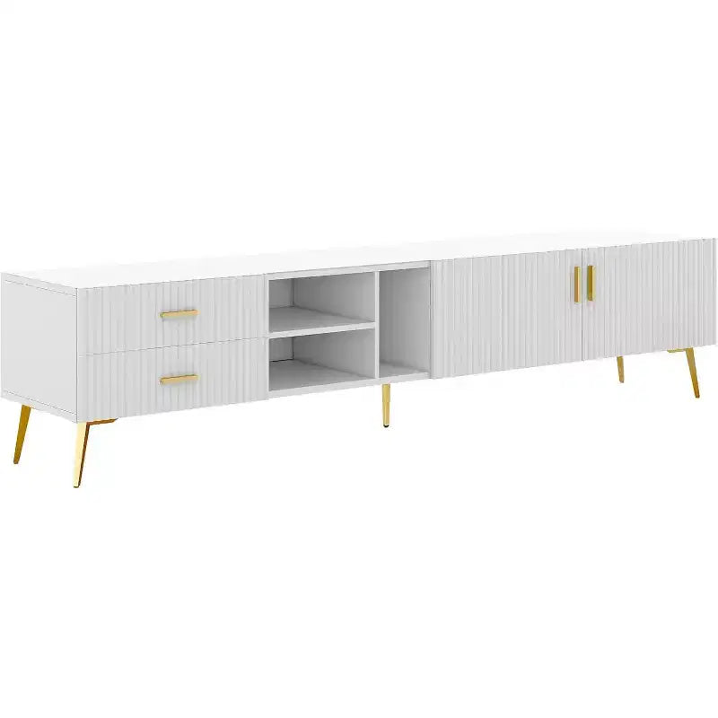 Acekool Modern TV Stand with 4 Hidden Storage Spaces, 3 Open Shelves & 2 Drawers, Supports TVs up to 77, White with Champagne Legs