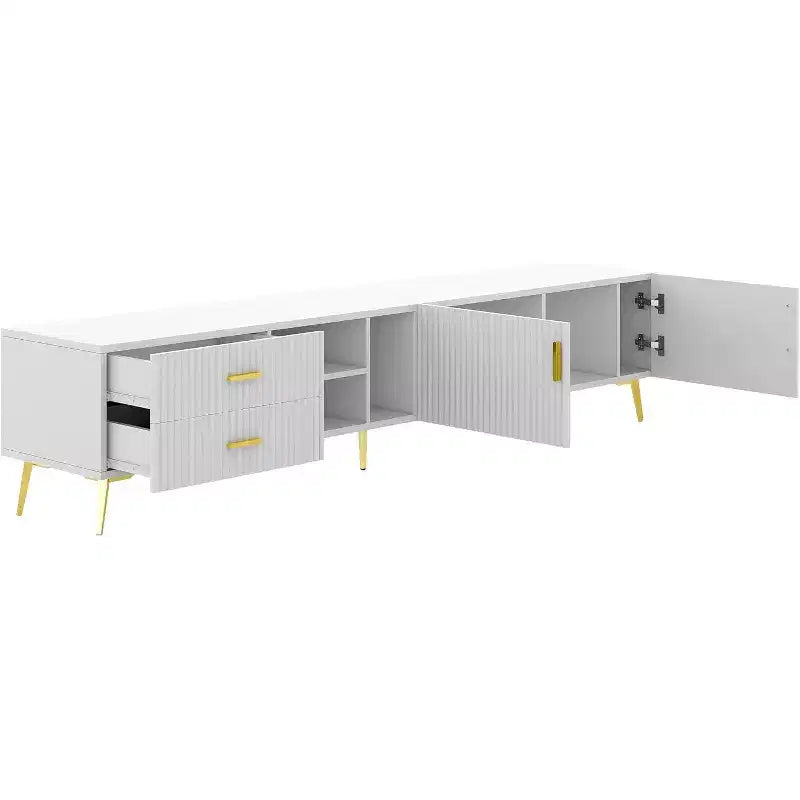 Meuble TV moderne Acekool avec 4 espaces de rangement cachés, 3 étagères ouvertes et 2 tiroirs, supporte les téléviseurs jusqu'à 77 pouces, blanc avec pieds couleur champagne