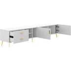 Meuble TV moderne Acekool avec 4 espaces de rangement cachés, 3 étagères ouvertes et 2 tiroirs, supporte les téléviseurs jusqu'à 77 pouces, blanc avec pieds couleur champagne