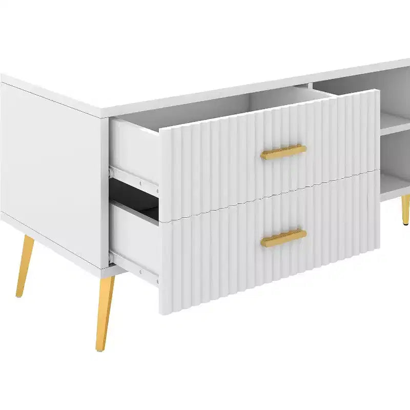 Meuble TV moderne Acekool avec 4 espaces de rangement cachés, 3 étagères ouvertes et 2 tiroirs, supporte les téléviseurs jusqu'à 77 pouces, blanc avec pieds couleur champagne