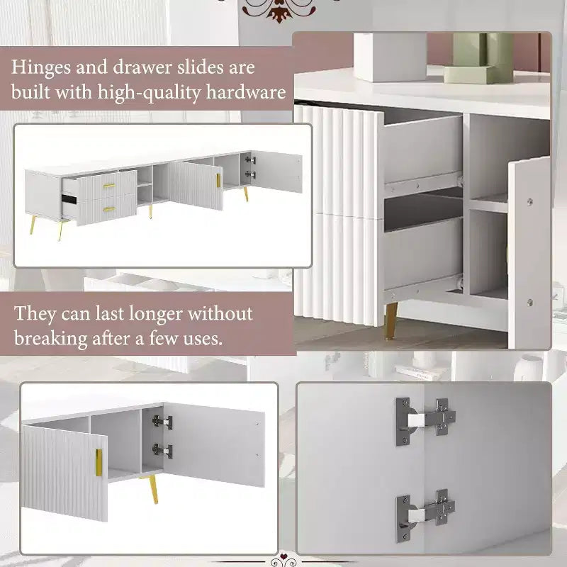 Meuble TV moderne Acekool avec 4 espaces de rangement cachés, 3 étagères ouvertes et 2 tiroirs, supporte les téléviseurs jusqu'à 77 pouces, blanc avec pieds couleur champagne