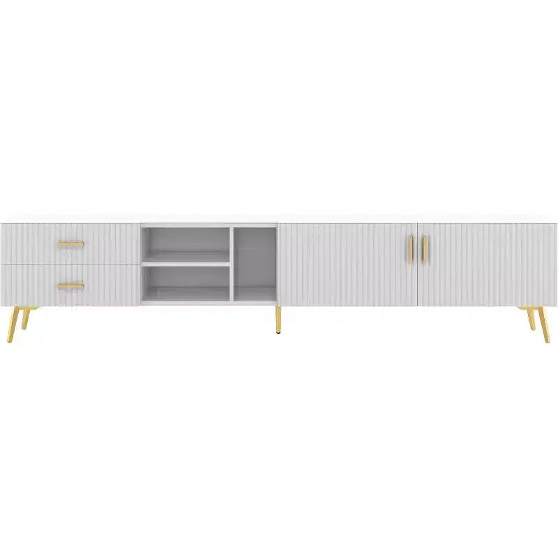 Meuble TV moderne Acekool avec 4 espaces de rangement cachés, 3 étagères ouvertes et 2 tiroirs, supporte les téléviseurs jusqu'à 77 pouces, blanc avec pieds couleur champagne