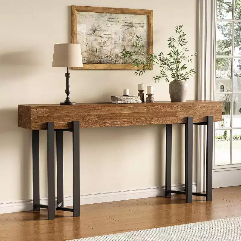 Console de table Lantine 63 pour entrée, Table de style campagnard derrière le canapé, Table basse avec cadre en métal noir pour salon, Chêne