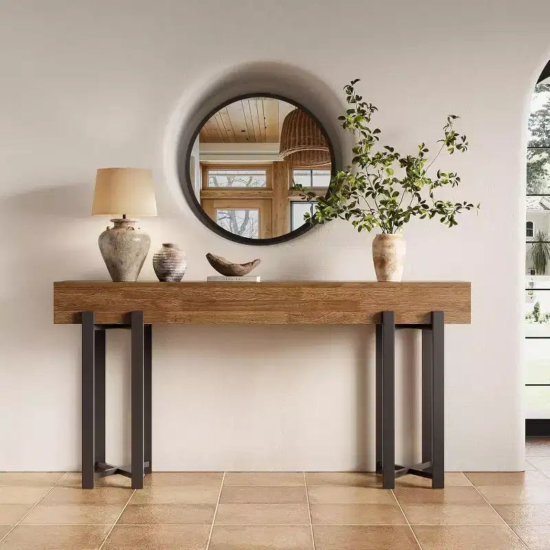 Console de table Lantine 63 pour entrée, Table de style campagnard derrière le canapé, Table basse avec cadre en métal noir pour salon, Chêne