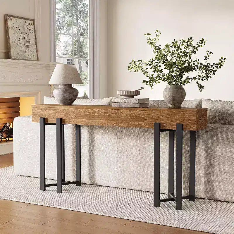 Console de table Lantine 63 pour entrée, Table de style campagnard derrière le canapé, Table basse avec cadre en métal noir pour salon, Chêne