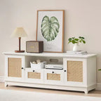 Meuble TV pour téléviseurs jusqu'à 65'', Meuble TV Mid-Century Moderne avec rangements et portes, Meuble TV bohème pour salon, chambre à coucher