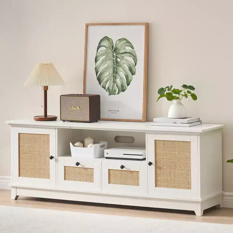 Meuble TV pour téléviseurs jusqu'à 65'', Meuble TV Mid-Century Moderne avec rangements et portes, Meuble TV bohème pour salon, chambre à coucher