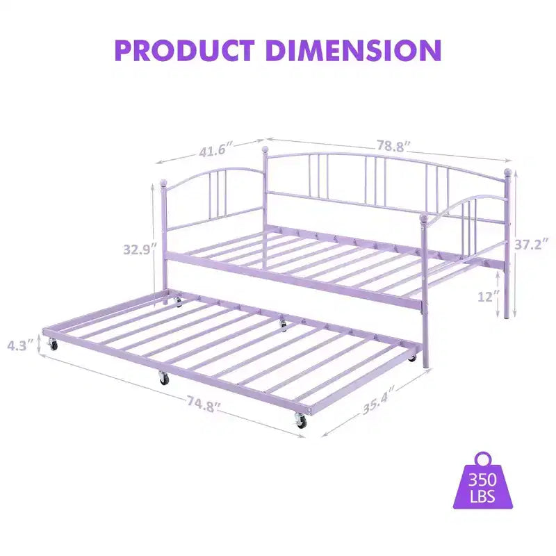 Lit de repos double en métal Coolmee avec lit gigogne, cadre de lit gigogne extractible avec tête de lit arquée, lit de repos pour invités avec support à lattes en acier