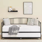 Lit de repos double en métal Coolmee avec lit gigogne, cadre de lit gigogne extractible avec tête de lit arquée, lit de repos pour invités avec support à lattes en acier