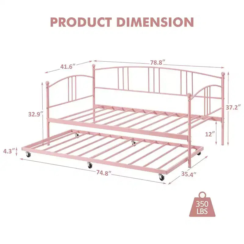 Lit de repos double en métal Coolmee avec lit gigogne, cadre de lit gigogne extractible avec tête de lit arquée, lit de repos pour invités avec support à lattes en acier