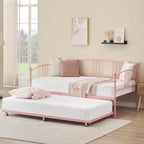 Lit de repos double en métal Coolmee avec lit gigogne, cadre de lit gigogne extractible avec tête de lit arquée, lit de repos pour invités avec support à lattes en acier