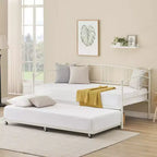 Lit de repos double en métal Coolmee avec lit gigogne, cadre de lit gigogne extractible avec tête de lit arquée, lit de repos pour invités avec support à lattes en acier
