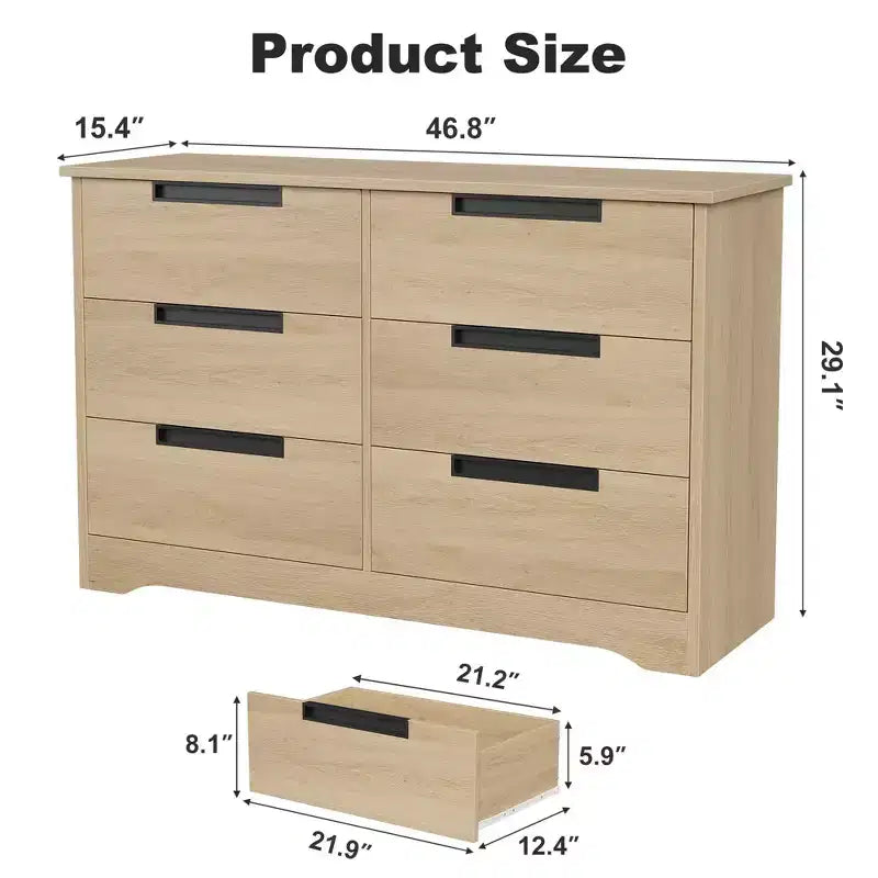 Commode à 6 tiroirs pour chambre à coucher, commode en bois de 119 cm de large avec poignées encastrées, organisateur de rangement pour vêtements, meuble TV pour couloir