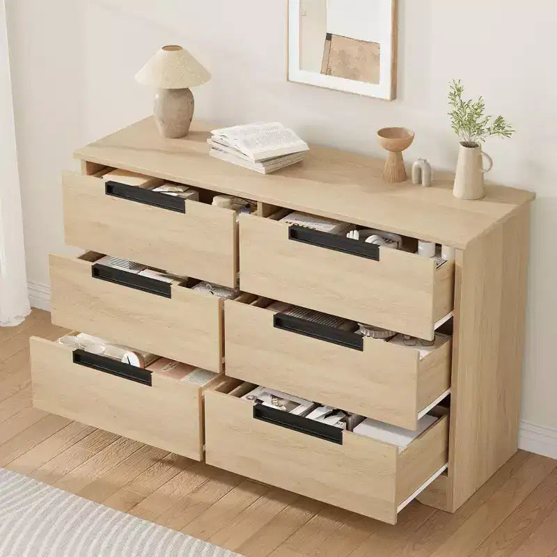 Commode à 6 tiroirs pour chambre à coucher, commode en bois de 119 cm de large avec poignées encastrées, organisateur de rangement pour vêtements, meuble TV pour couloir