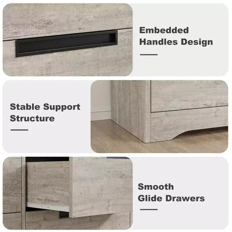 Commode à 6 tiroirs pour chambre à coucher, commode en bois de 119 cm de large avec poignées encastrées, organisateur de rangement pour vêtements, meuble TV pour couloir