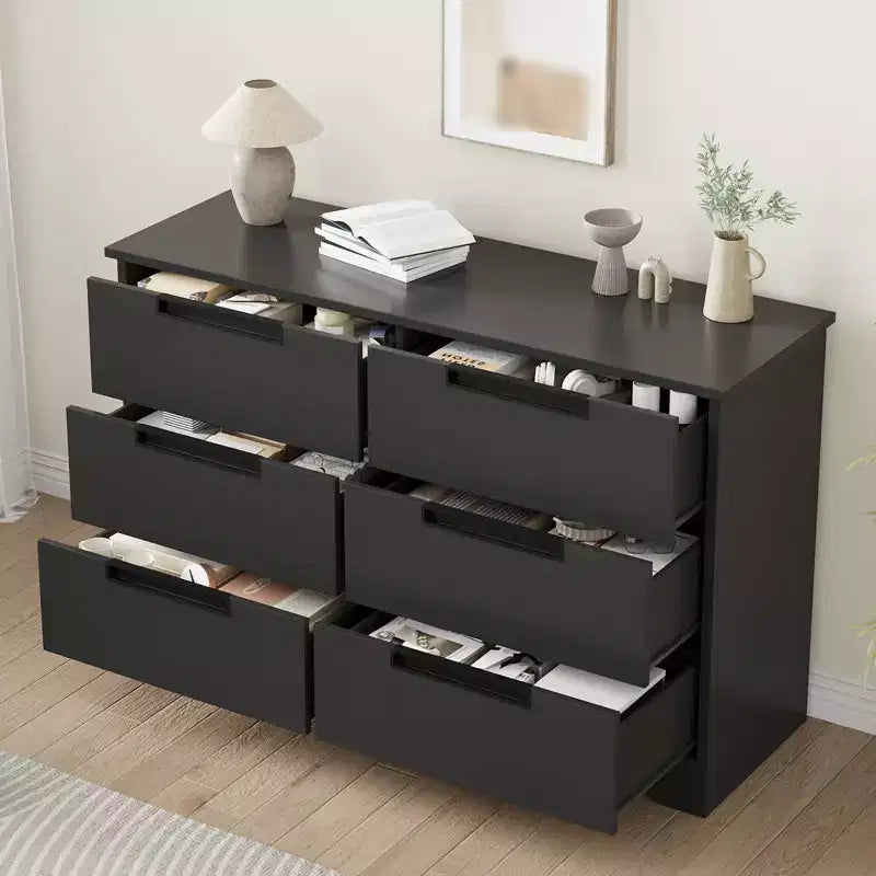 Commode à 6 tiroirs pour chambre à coucher, commode en bois de 119 cm de large avec poignées encastrées, organisateur de rangement pour vêtements, meuble TV pour couloir