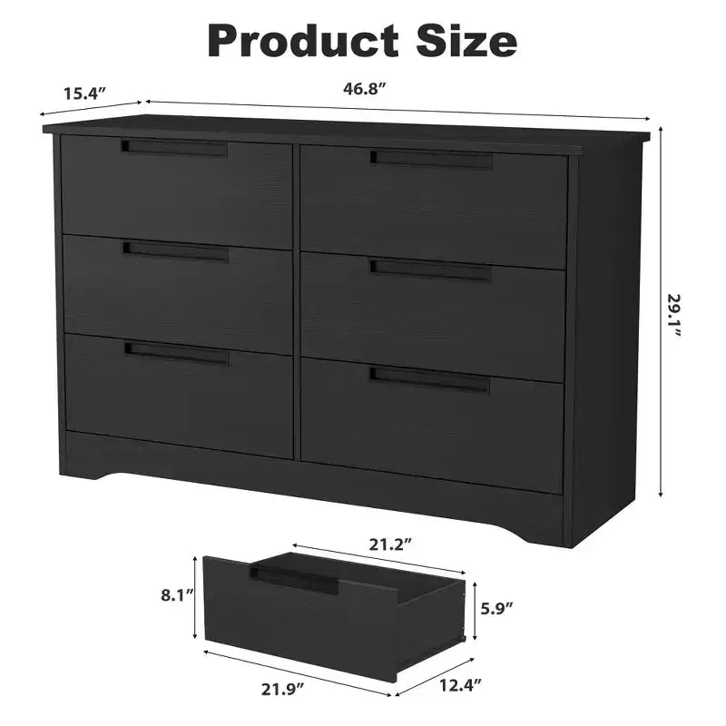 Commode à 6 tiroirs pour chambre à coucher, commode en bois de 119 cm de large avec poignées encastrées, organisateur de rangement pour vêtements, meuble TV pour couloir