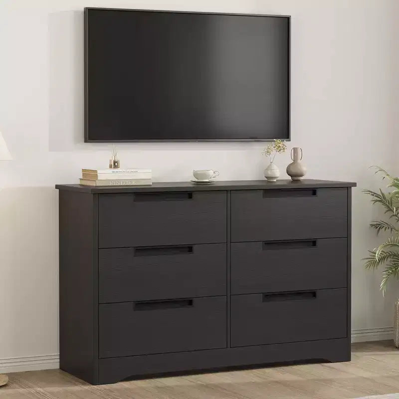 Commode à 6 tiroirs pour chambre à coucher, commode en bois de 119 cm de large avec poignées encastrées, organisateur de rangement pour vêtements, meuble TV pour couloir