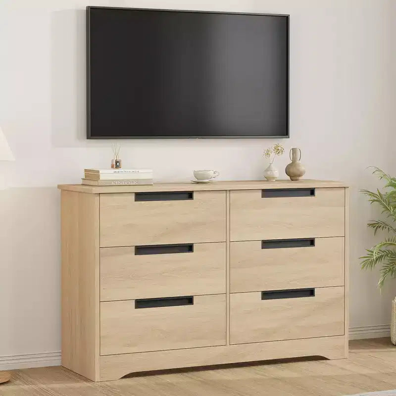 Commode à 6 tiroirs pour chambre à coucher, commode en bois de 119 cm de large avec poignées encastrées, organisateur de rangement pour vêtements, meuble TV pour couloir
