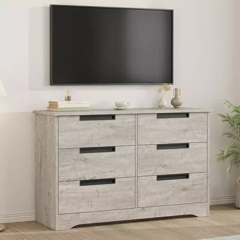 Commode à 6 tiroirs pour chambre à coucher, commode en bois de 119 cm de large avec poignées encastrées, organisateur de rangement pour vêtements, meuble TV pour couloir