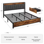 Cadre de lit, Cadre de lit King size - avec 4 tiroirs de rangement, Tête de lit rembourrée avec chargeur, Plateforme métallique robuste, Sans bruit (Marron rustique)