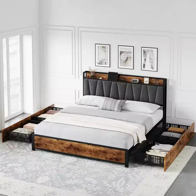 Cadre de lit, Cadre de lit King size - avec 4 tiroirs de rangement, Tête de lit rembourrée avec chargeur, Plateforme métallique robuste, Sans bruit (Marron rustique)