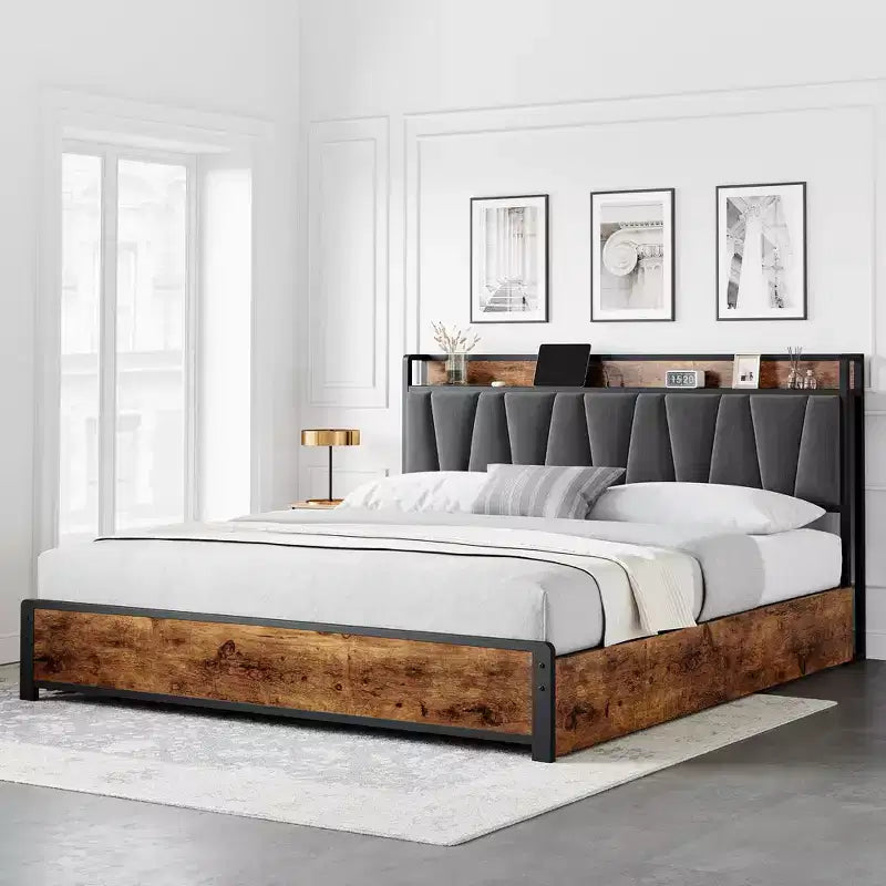Cadre de lit, Cadre de lit King size - avec 4 tiroirs de rangement, Tête de lit rembourrée avec chargeur, Plateforme métallique robuste, Sans bruit (Marron rustique)