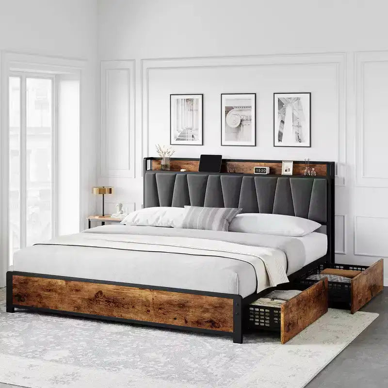 Cadre de lit, Cadre de lit King size - avec 4 tiroirs de rangement, Tête de lit rembourrée avec chargeur, Plateforme métallique robuste, Sans bruit (Marron rustique)