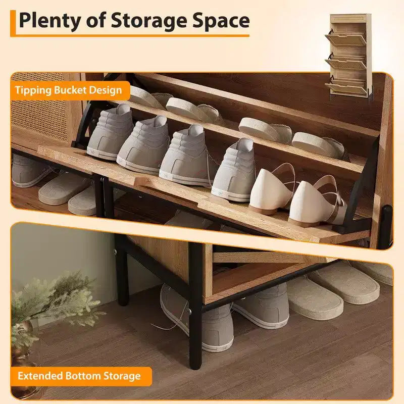 Meuble à chaussures avec 3 tiroirs basculants et tiroirs simples - Meuble de rangement à chaussures en bois et rotin dissimulé
