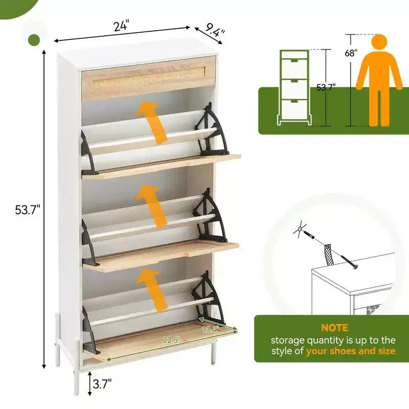 Meuble à chaussures avec 3 tiroirs basculants et tiroirs simples - Meuble de rangement à chaussures en bois et rotin dissimulé