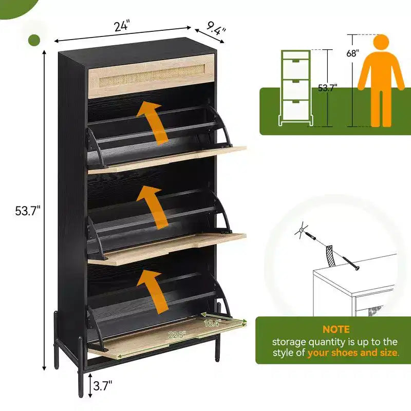 Meuble à chaussures avec 3 tiroirs basculants et tiroirs simples - Meuble de rangement à chaussures en bois et rotin dissimulé