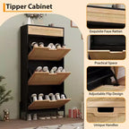 Meuble à chaussures avec 3 tiroirs basculants et tiroirs simples - Meuble de rangement à chaussures en bois et rotin dissimulé