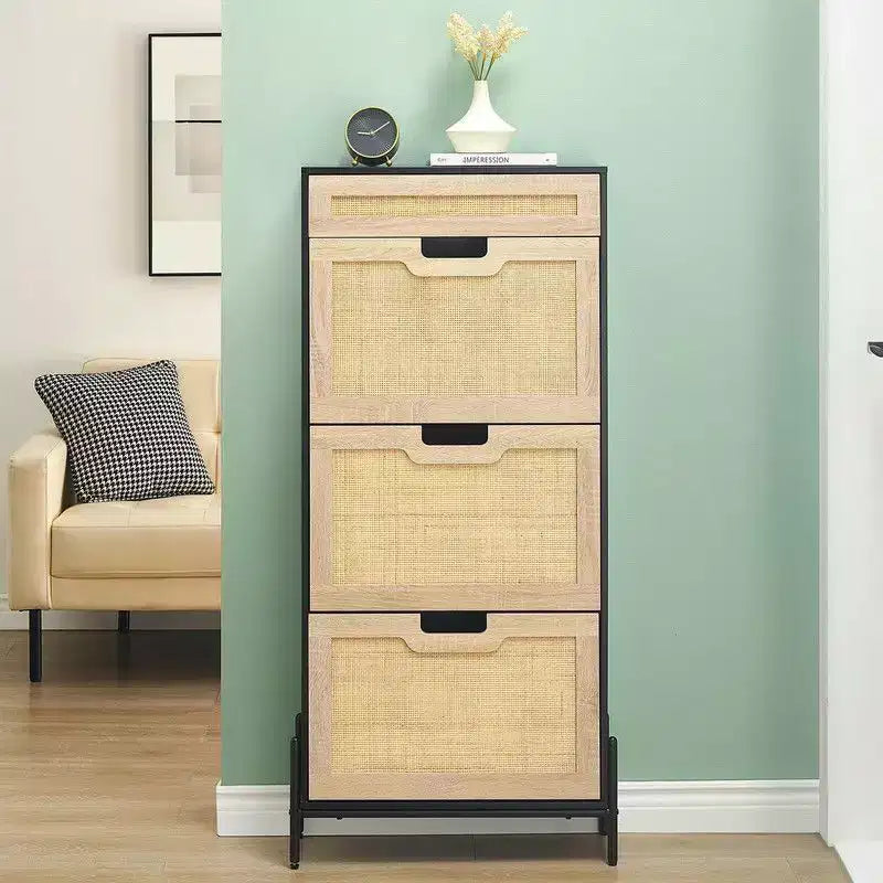 Meuble à chaussures avec 3 tiroirs basculants et tiroirs simples - Meuble de rangement à chaussures en bois et rotin dissimulé