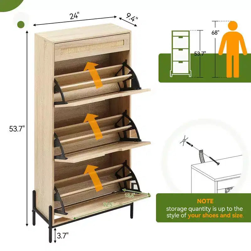 Meuble à chaussures avec 3 tiroirs basculants et tiroirs simples - Meuble de rangement à chaussures en bois et rotin dissimulé