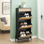 Shoe Cabinet with 3 Flip Drawers and Single Drawers - Hidden Wood Rattan Shoe Storage Cabinet