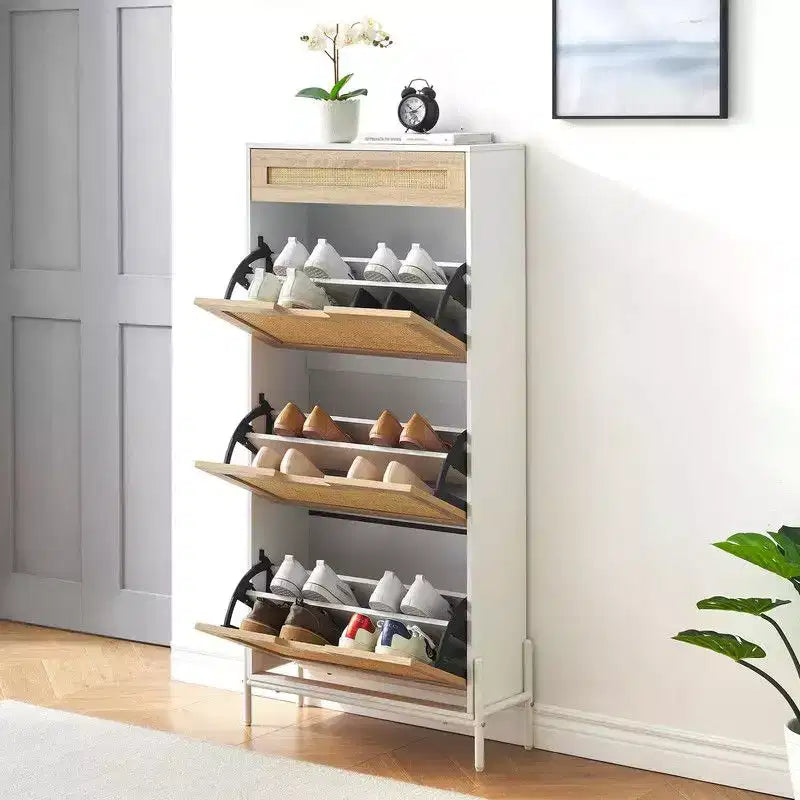 Meuble à chaussures avec 3 tiroirs basculants et tiroirs simples - Meuble de rangement à chaussures en bois et rotin dissimulé