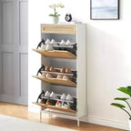 Meuble à chaussures avec 3 tiroirs basculants et tiroirs simples - Meuble de rangement à chaussures en bois et rotin dissimulé