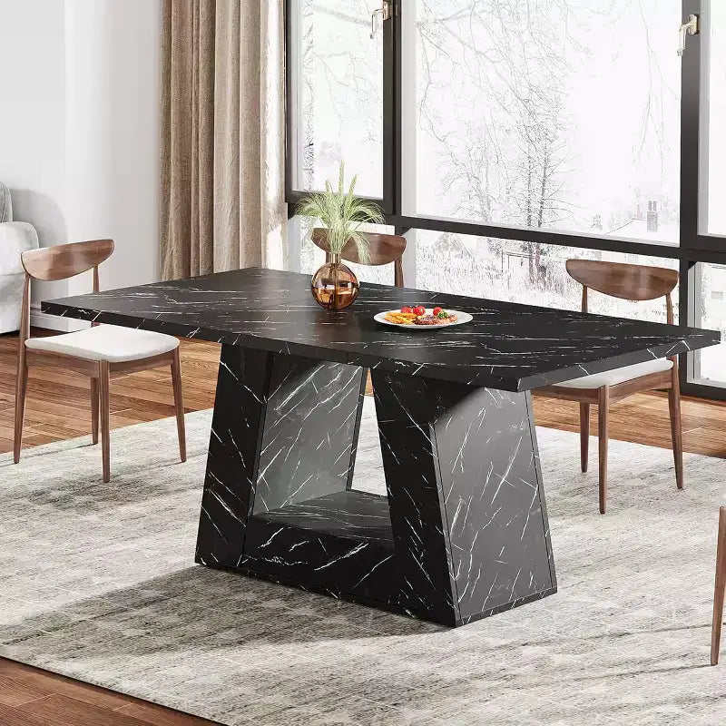 Table à manger Lantine 4-6 places, 63" Moderne en bois avec plateau imitation marbre et base robuste pour cuisine, salon, noir