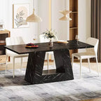 Table à manger Lantine 4-6 places, 63" Moderne en bois avec plateau imitation marbre et base robuste pour cuisine, salon, noir