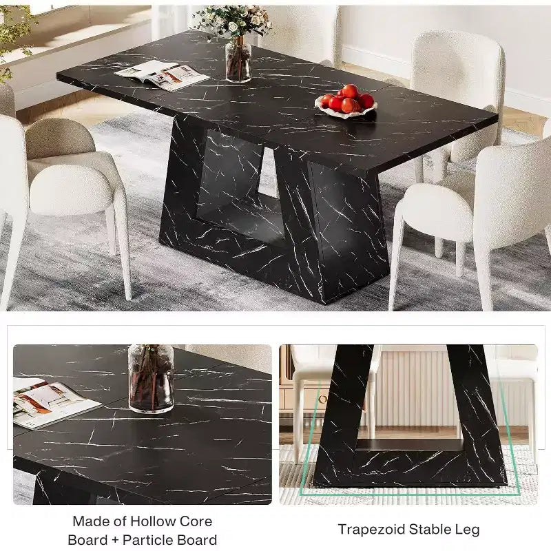 Table à manger Lantine 4-6 places, 63" Moderne en bois avec plateau imitation marbre et base robuste pour cuisine, salon, noir