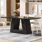 Table à manger Lantine 4-6 places, 63" Moderne en bois avec plateau imitation marbre et base robuste pour cuisine, salon, noir