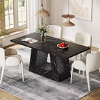 Table à manger Lantine 4-6 places, 63" Moderne en bois avec plateau imitation marbre et base robuste pour cuisine, salon, noir