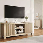 Meuble TV 65 pouces, meuble de divertissement TV moderne du milieu du siècle avec armoires de rangement et étagères ouvertes, meuble TV en bois pour le salon