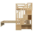 Lit superposé double en bois avec bureau et escalier, lit mezzanine double en L avec rangements et étagères