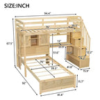 Lit superposé double en bois avec bureau et escalier, lit mezzanine double en L avec rangements et étagères