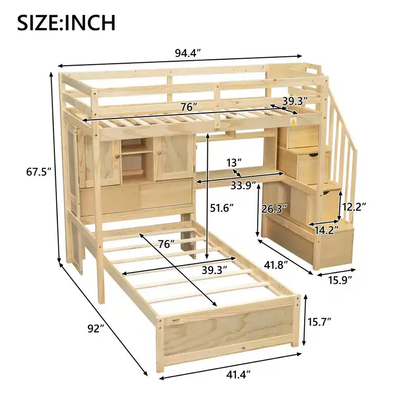Lit superposé double en bois avec bureau et escalier, lit mezzanine double en L avec rangements et étagères