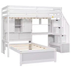 Lit superposé double en bois avec bureau et escalier, lit mezzanine double en L avec rangements et étagères