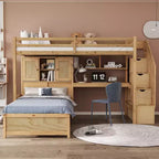 Lit superposé double en bois avec bureau et escalier, lit mezzanine double en L avec rangements et étagères
